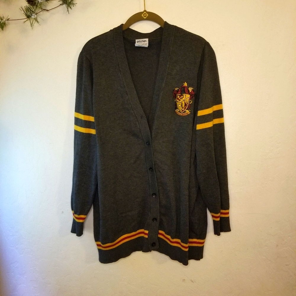 Gryffindor Grey Button-Front Cardigan Sweater with Yellow Stripes